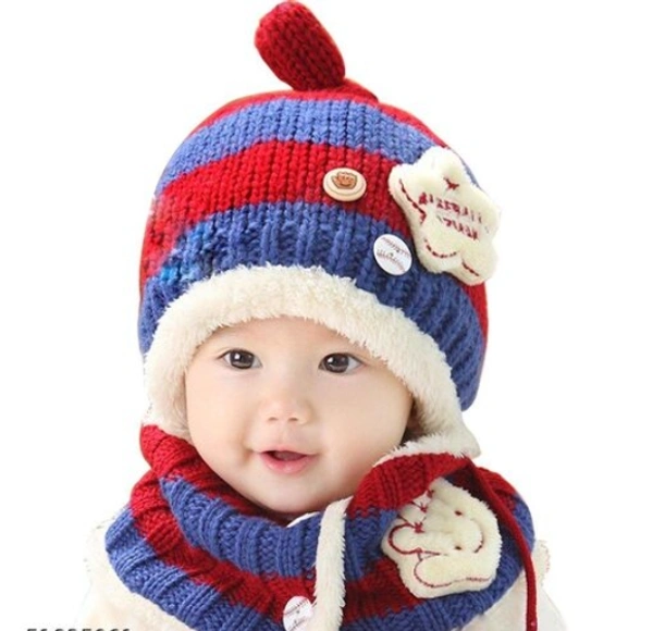 Winter Baby Wool Hat Hooded Scarf Earflap Knit Cap - Blue